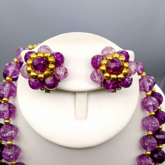 Vintage Sparkly Purple Parure, Faceted Double Strand Necklace and Matching Clip - Picture 2 of 4